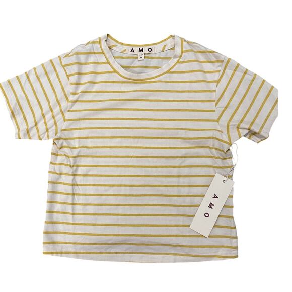 AMO Classic Boxy Cropped Striped Babe Tee Yellow White, size XS - Picture 1 of 9